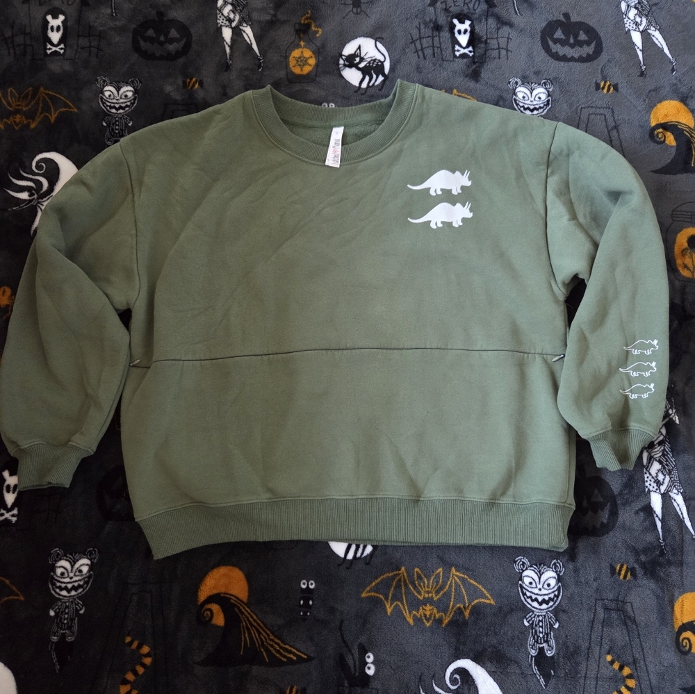 Olive Green Crewneck Sweatshirt with Triceratops Print